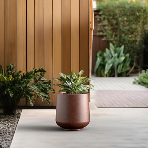 Image of Kante Accent Round Curved Rusty Concrete Planter 13 inch Dia, Outdoor | Rubber Plug for Indoor, Drainage for Garden, All-Weather Cement Flower Pot, Handcrafted, Anti-Frost & UV, Modern Home Decor