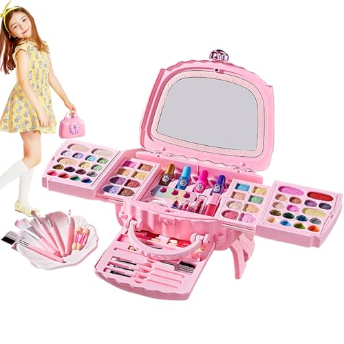 Kit per il trucco per bambini, set completo di trucco lavabile per ragazze, design rosa con cosmetici veri, kit di bellezza naturale per pratica, viaggi, spettacoli teatrali, festival e tutti i giorni