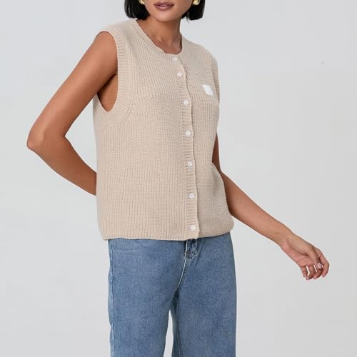 Image of Women Chunky Button Sweater Vest Sleeveless Round Neck Rib Knitted Tank Top Y2k Knitted Cardigan Vest Shirt