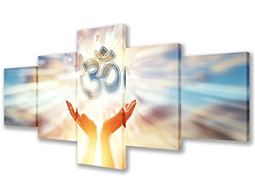 Living Room House Decorations Hinduism Religion Paintings Sanskrit Aum at Sunset Pictures 5 Piece Canvas Wall Art HD Prints Vintage Om Artwork Framed Gallery-Wrapped Ready to Hang Gift(50''W x 24''H)