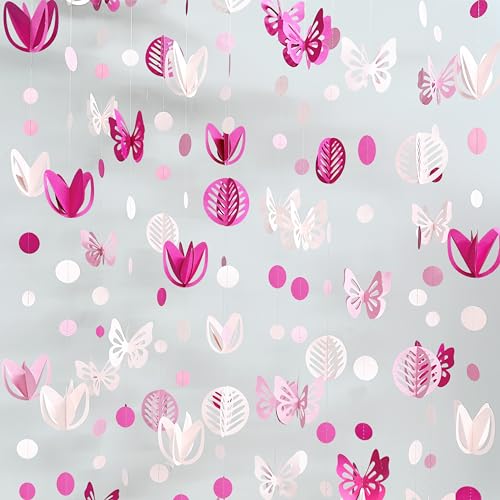 Image of Spring Party Decorations Hot Pink White 3D Butterfly Tulip Flower Leaf Circle Dot Garland Hanging Paper Streamer for Pink Spring Summer Wedding Engagement Bridal Shower Birthday Tea Party Supplies