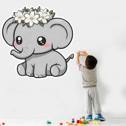 Image of Cute Ba-by Elephant Wall Sticker with Floral Crown | Self Adhesive PVC Wall Decal for Ki-ds Room, Nursery, Bedroom & Playroom Decor