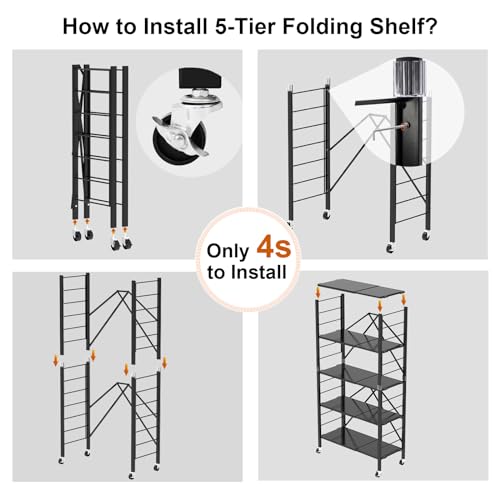 5 Tier Foldable Storage Shelves, Expandable Folding Shelving Units with Wheels, Changeable into 2 Shelf Units, Collapsible Adjustable Storage Rack Metal Shelves for Storage, Pantry, Garage, Kitchen - Image 6