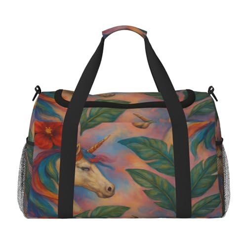 40l Gym Travel Duffel Bag Hibiscus Flowers Leaf White Horses Carry-On Workout Overnight Backpack