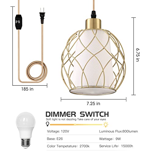 Ruzectt Plug In Pendant Light,Hanging Light With Plug In Cord,Gold Hanging Lamp With Dimmable Switch,15 Ft Golden Cotton Cord,Hanging Light Fixture For Kitchen Living Room Bedroom (Bulb Included) #TOP5