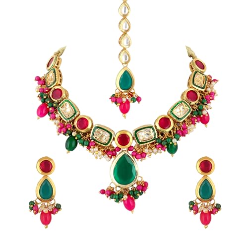 Image of Lucky Jewellery Meenakari 18k Gold Plated Tika Earring Combo Uncut Big Faux Kundan Choker Necklace set