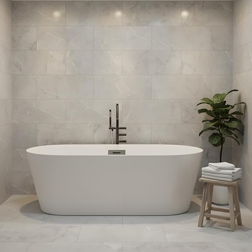 Freestanding Bathtub 59 inch Acrylic Soaking Tub with Chrome Drain & Overflow, Ergonomic Stand Alone Bathtub for Small Bathroom or Home Spa Retreat