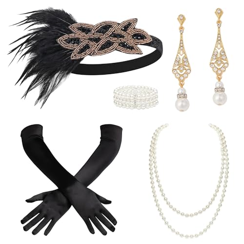 BABEYOND 1920s Flapper Accessories Great Gatsby Costume Accessories 20s Flapper Headband Pearl Necklace Gloves Plastic Holder