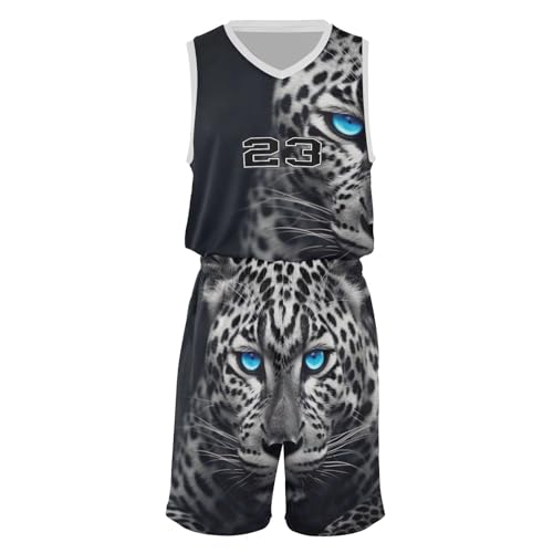 FLildon Leopard Cheetah Blue Eyes Boys Basketball Jersey Set Tank Top Shorts Tracksuit Sport Training Suit for Kids, M