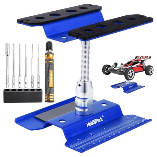Hobbypark Aluminum RC Car Work Stand Repair Workstation 360 Degree Rotation Lift Or Lower, RC Hex Driver Tools 6-in-1 for 1/10 1/12 1/14 1/16 1/18 Scale (Blue)