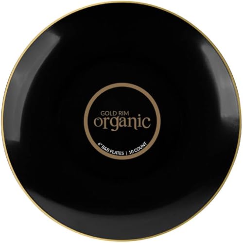 Miniatura 6 de Blue Sky Platos orgánicos con borde negrodorado (paquete de 10)  Elegante vajilla desechable de plástico de 9 pulgadas para fiestas y eventos