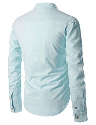 NEARKIN (NKNKN352 Beloved Mens Chinese Zipup Collar Linen Roll Up Shirts Sky US XXXL(Tag Size 3XL)