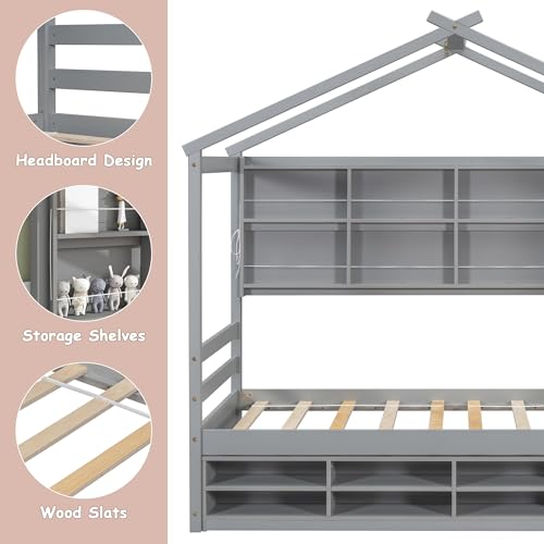 Twinbedframesforkidswoodhousebedwithstorageshelvesmontessoriplayformbedframewithheadboardforboysgirlsgray817lx418wx793h  Urban Country Home Decor Twin bed frames for kids wood house bed with storage shelves montessori playform bed frame with headboard for boys girls gray 817l x 418w x 793h  urban country home decor