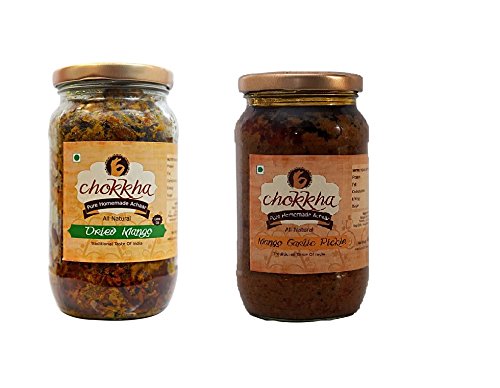 Chokkha Traditional Homemeade Dried Mango & Mango Garlic Pickle (Sukha Aam, lahsun Aam) | No Presarvatives | No colour Added | Vegan | 100% Oil-Free | Combo of 2 | 400 Gm Each