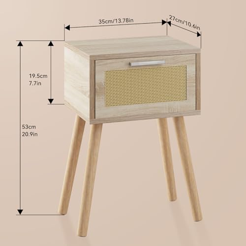 YMYNY Set of 2 Rattan Bedside Tables, Boho Bedside Cabinets with Magnetic Drawer, Solid Wood Legs, 35 x 27 x 53 cm, Sofa Table, Coffee Table for Living Room, Office, Bedroom, Natural Colours HST010N-2 by YMYNY - Used condition - Image 5
