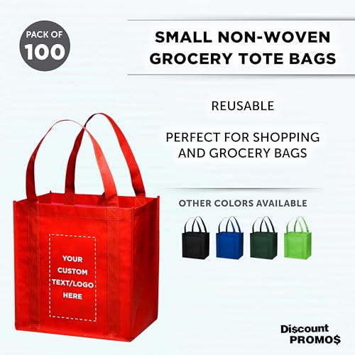 DISCOUNT PROMOS Custom Reusable Grocery Tote Bag for Shopping - 100 Pack - Personalized Logo, Text -Small Foldable Bags – Red - 12.625