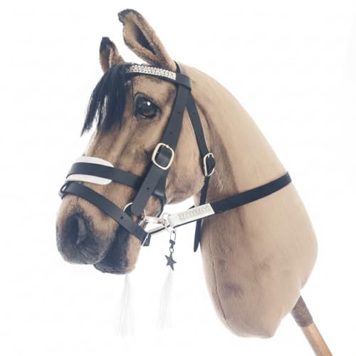 Generisch Hobby Horse Zubehör, ohne Pferd, nur Trense Schwarz, Weiß Unterlegt mit Sperriemen inkl. Zügel, Hobbyhorsing, Zubehör für Steckenpferd, Spielpferd