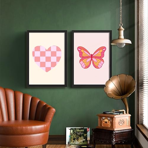 Image of NoWorries Pink Aesthetic Heart & Butterfly Wall Art Framed Painting Set | Cute Minimal Art Prints | Premium 300 GSM Paper Print with Synthetic Wooden Frame | Modern Wall Decor for Bedroom, Living Room, Girls Room & Studio (Set of 2) (BLACK, ART-3, 13X19INCHES)