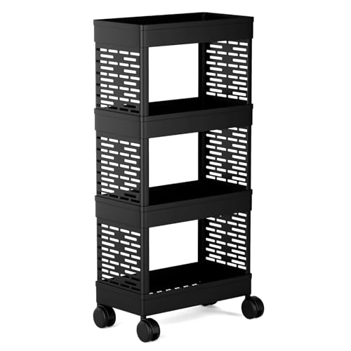 Black 4-Tier Rolling Storage Cart with Wheels, Portable Utility Organizer Trolley for Kitchen, Bathroom, Office, Salon (Kitchen Rack 4 TIRE)