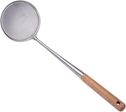 HEMOTON Utensilios de cocina de acero inoxidable con cuchara plana redonda, espátula, volteador, sartén para huevos con mango de madera para el