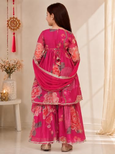 Image of Preneum Girls's Cotton Rayon Gota Pati Multi Floral Printed Angrakha Kurta with Sharara & Dupatta