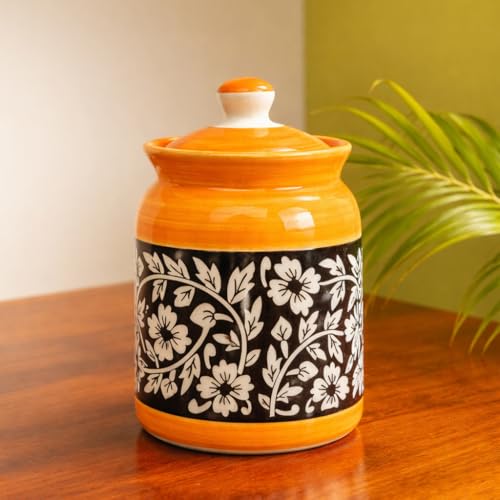 Image of Handcrafted Ceramic Jar with Lid 1000 mL | Traditional HandPainted Kitchen Storage Container | Pickle, Spice, Sugar, Tea, Coffee Canister | Pottery Home & Gift (Set of 1) (Full Floral Yellow Black)