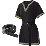 KOGOGO Medieval Knight Tunic Viking Warrior T-Shirt Pirate Costume with Belt(Black,Small)
