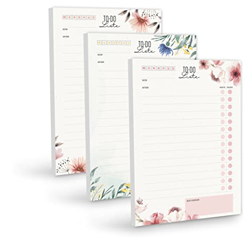 FRUITPRINTS 3er Set Blöcke, To-Do-Liste, Format A5, Motiv: Blumen, 3 Schreibblöcke je 50 Blatt, beidseitig bedruckt, Notizzettel, To Dos, To Do Liste
