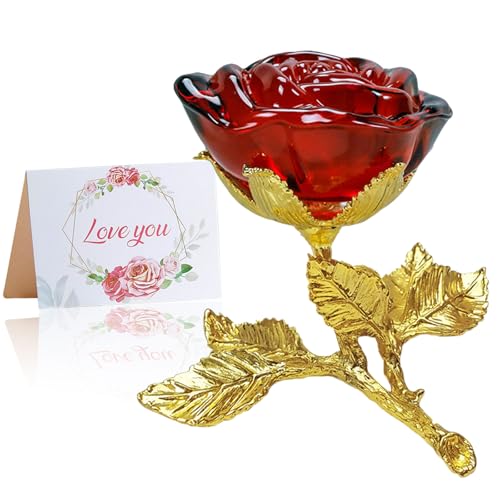 Willuck Figurine de Rose en Cristal Rouge,Rose en Verre de Cristal avec Carte de Voeux,3D Cadeau pour Elle,Fleur éternelle pour Femme pour Anniversaire,Fête des Mères, Mariage,Saint-Valentin,Noël