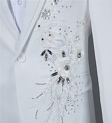 Mens Fashion Diamond Sequins Floral Tuxedo Jackets Slim Fit Dinner Blazers Performance Prom Wedding Groom Host Blazer (White,XX-Large)4