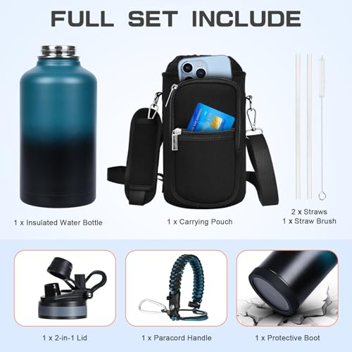 Image of GAZLEMHO Insulated Water Bottle 64 oz, Half Gallon Water Jug Cold 48H, BPA Free Stainless Steel Bottles with Straw /Chug 2-in-1 Lid, Bag, Paracord Handle, Silicone Boot, Sports Gym School Metal Flask