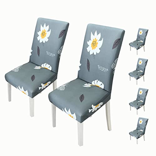 Image of House of Quirk Elastic Chair Cover Stretch Removable Washable Short Dining Chair Cover Protector Seat Slipcover (Pack of 6, Grey Jasmin)