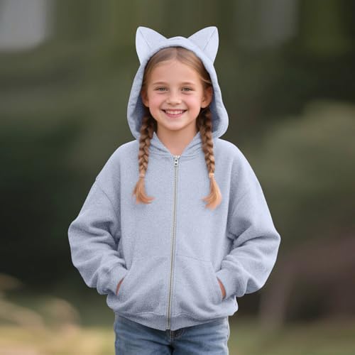 Girls Zip Up Hoodies Fall Cute Cat Ear Oversize Hoodie Jackets Casual Long Sleeve Hood Sweatshirt Coat 5-15 Years4