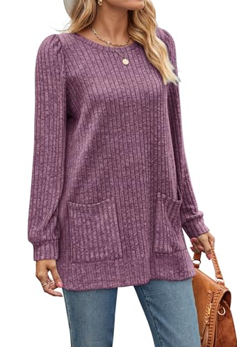 Image of OFEEFAN Long Sleeve Shirts for Women Long Sweaters with Pockets Tunic Tops Loose Fit