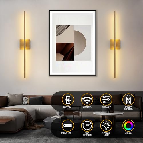 Image of 15800 mAh Battery Operated Wall Sconces with Remote Control Dimmable Battery Powered Cordless Rechargeable Wall Sconces Set of Two 3000K LED Log Burlywood Wireless Wall Light for Living Room