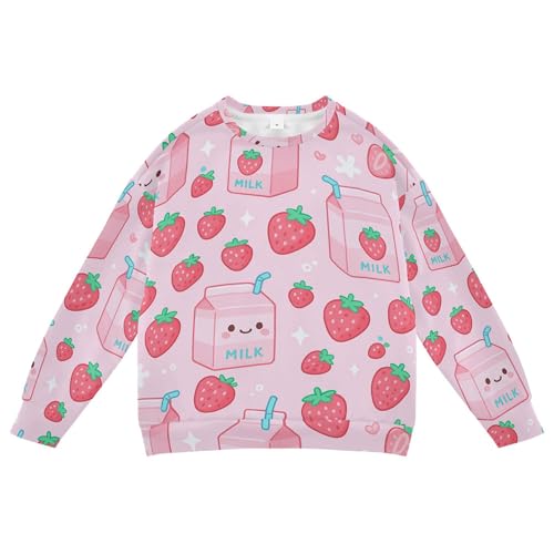 JUNZAN Strawberry Milk Cartoon Pink Big Girls Sweatshirts Hoodies Crewneck Hoodie for Boys Athletic 4T