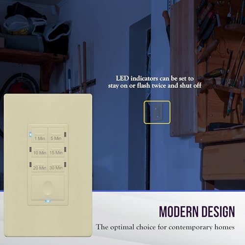 Image of ENERLITES Countdown Timer Switch for bathroom fans and household lights, 1-5-10-15-20-30 Min Settings with Manual Override, Always On Blue LED, Neutral Wire Required, UL Listed, HET06A-R-I, Ivory | UL Listed, 1-5-10-15-20-30 Min, for Bathroom Exhaust Fans, Lights, LED Indicator, 120VAC 800W, Energy Saving