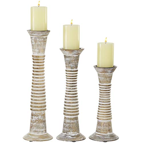 Deco 79 Wood Decorative Candle Holder Candle Stand, Set of 3 Candlestick Holder 18", 15", 12"H, Brown - Image 3