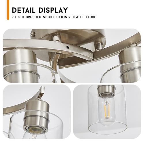 Image of 9-Light Ceiling Light, Semi Flush Mount Ceiling Light Fixture, Kitchen Lighting Fixtures Ceiling, Brushed Nickel Finish with Clear Glass Shade for Living Room Bedroom Dining Room