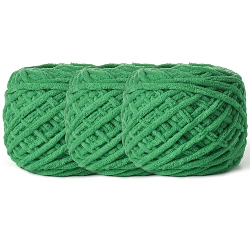 Image of 3 Pack Fluffy Chenille Chunky Yarn for Crocheting 100g(65.6yd) - Baby Yarn for Crocheting Soft - Velvet Yarns for Crochet Blanket - Amigurumi Crochet Yarns (Green)