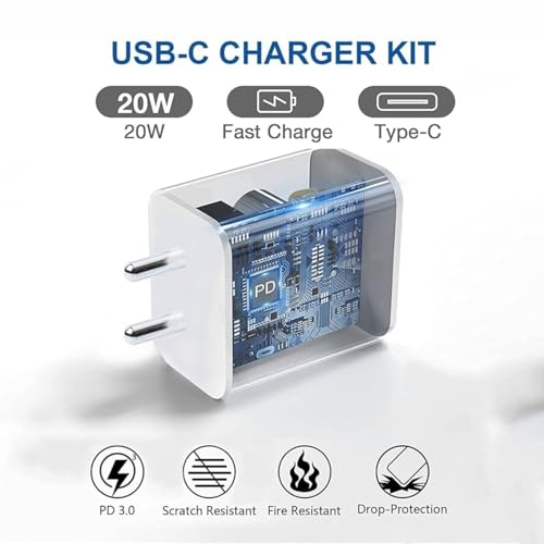 Image of BAVE 20W PD Fast Charger with USB-C to Lightning Cable | Compatible with iPhone 14 Pro Max, 14 Pro, 14, 13 Pro, 13, 12, 11, XR, XS & SE | BIS Certified | 1-Year Warranty | White