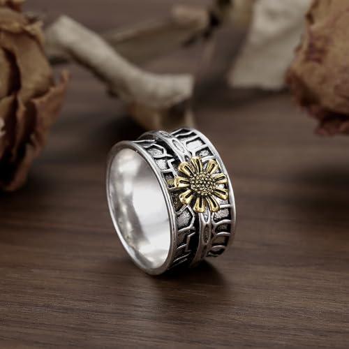 White Gold Plated Ancient Silver Cubic Zirconia Sunflower Design Wide Statement Ring Personalized Accessory Ideal for Women's Daily Casual Wear Party Holiday Anniversary Love Jewelry Gift