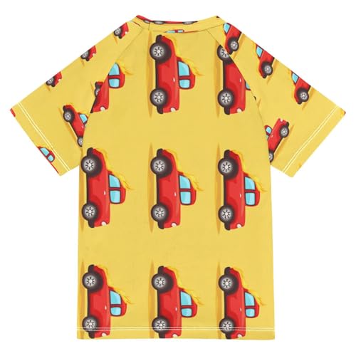 Boys Short Sleeve T-Shirts Red Fire Car Cartoon Rashguard Kids Swim Shirts Sun UPF 50+2