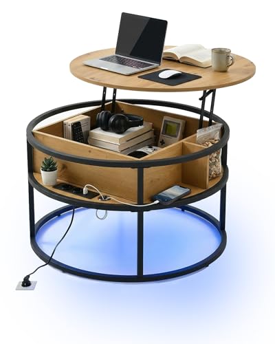 Ginhow Table Basse Relevable Ronde 80cm avec Prises et USB, Table Basse avec Rangement et LED, Table de Salon Relevable Extensible pour Salon Chambre Bureau