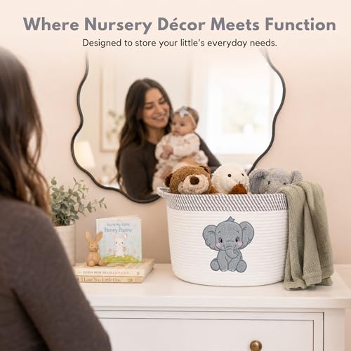 Image of Elephant Baby Storage Basket, Woven Cotton Rope Nursery Bin, 15x11 in | Stuffed Animal and Blanket Storage, Soft Felt Elephant Patch, Neutral Baby Room Decor, Baby Shower, Kids Playroom Organizer