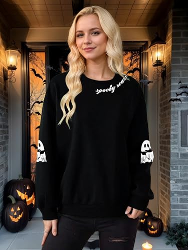 Halloween Sweatshirt for Women Halloween Ghost Long Sleeve Sweatshirts Spooky Season Fall Crewneck Pullover Tops2