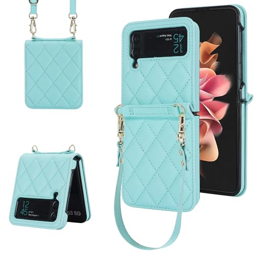 for Samsung Galaxy Z Flip 4 Case, Diamond Fashion Style and Slim Thin Texture, Hinge Protection, Adjustable Crossbody Strap.(Mint Green) Mint Green Sa