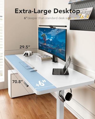 Image of HUANUO 71 x 30 inch White Electric Standing Desk, Large Height Adjustable Table, 4 Memory Preset Sit Stand Up Desk, Powerful Brushless Motor Home Office Computer Table with Thick T-Shaped Frame