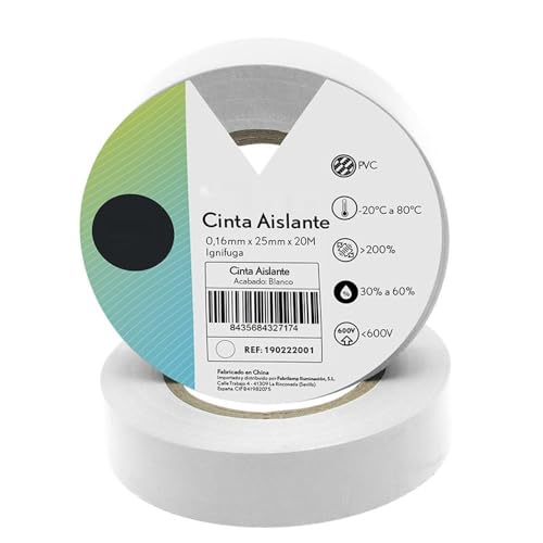 Breites PVC-Isolierband, weiß, 25 mm x 20 m, flexibel und langlebig für elektrische Verwendung und Isolierung von Verbindungen.