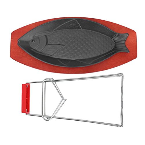 ABOOFAN Teglia in Ghisa Forma di Pesce Vassoio Antiaderente per Bistecche Servire Cibo Occidentale Piastra Robusta e Vassoio in Legno